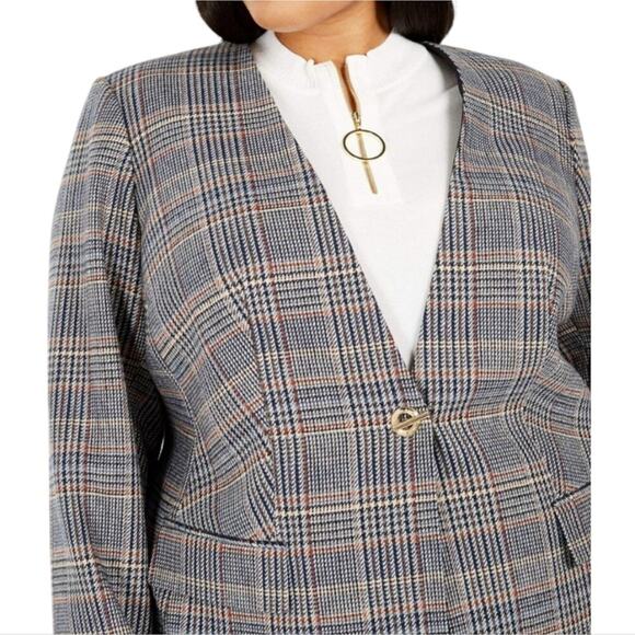 Calvin Klein Plaid Tweed Academia Faux Pocket Blazer Jacket Plus Size 24‎ W New! - Picture 2 of 13